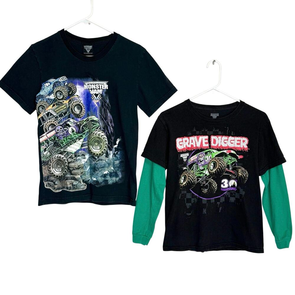 2 Grave Digger Monster Jam Shirts Boys Size L 10 12 Long Sleeve Black Green